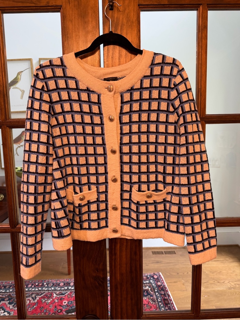 Talbots Cream and Navy Grid Knit Cardigan